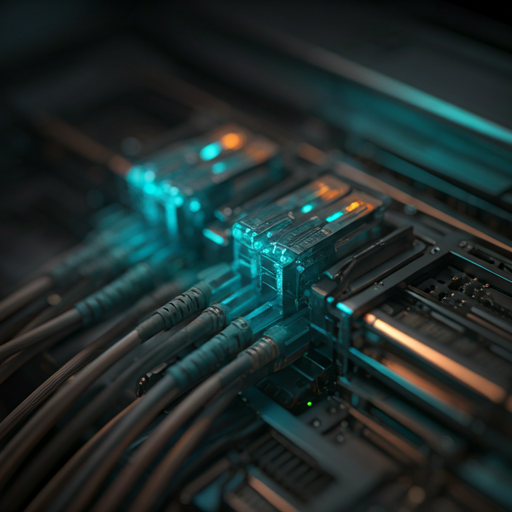 Fiber optic cables with cyan glow